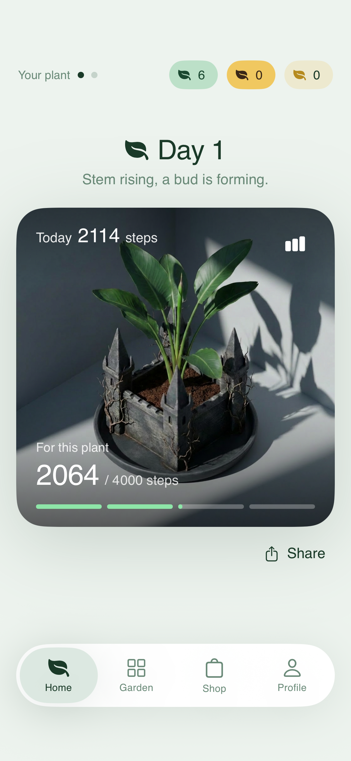 Plant Step home screen with a growing plant